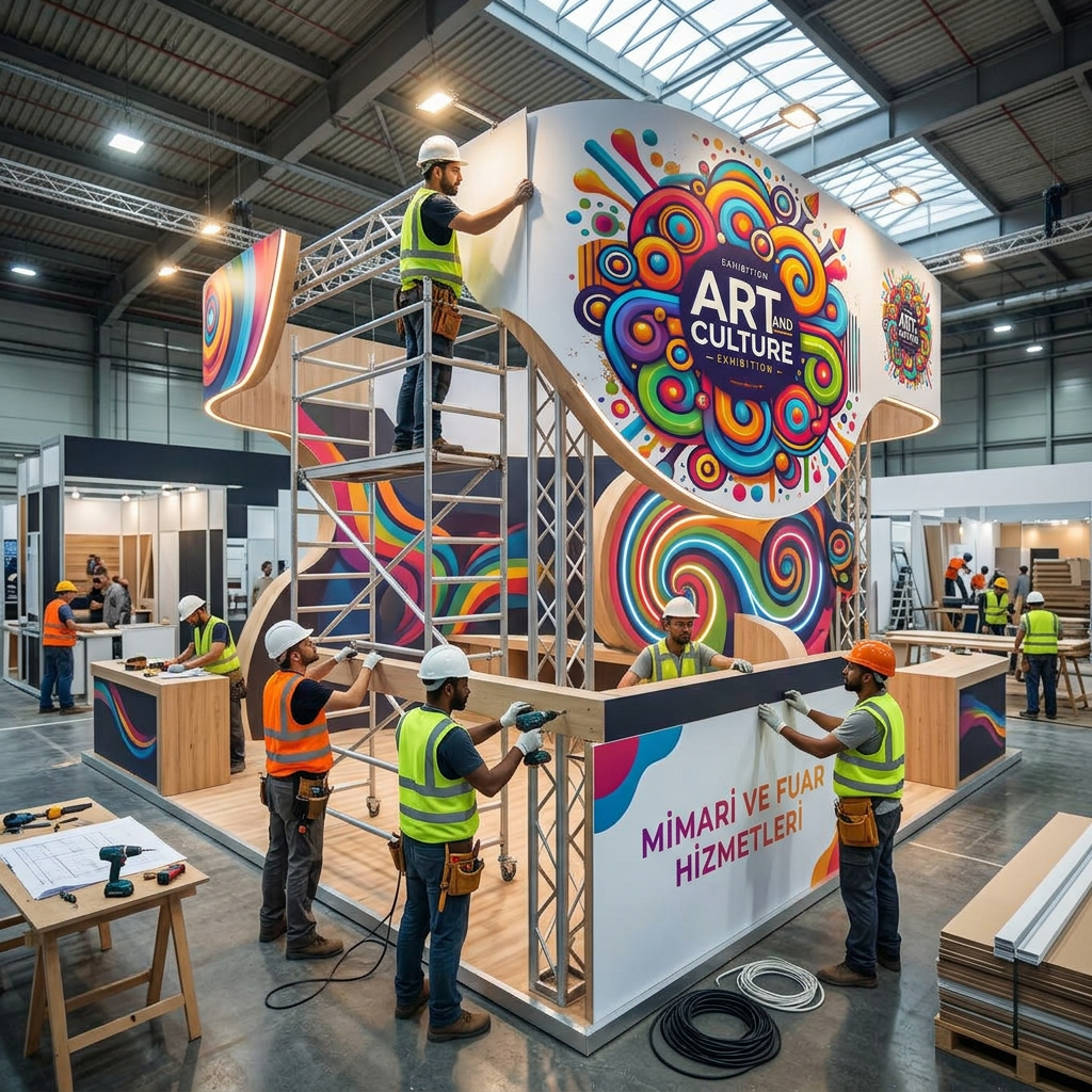 Workers assembling exhibition booth labeled ART AND CULTURE EXHIBITION and MİMARİ VE FUAR HİZMETLERİ